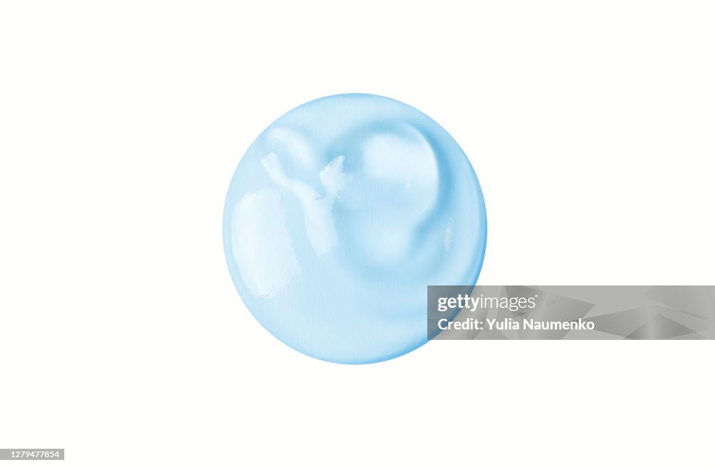 Collagen drop. Blue liquid gel with bubbles.
