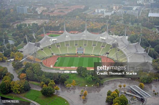 General view of the stadium shot from the olympic tower prior to during the 3. Liga match between Tuerkguecue Muenchen and SV Wehen Wiesbaden at...
