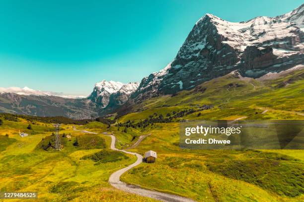 mountain range jungfrau region in summer switzerland - jungfraujoch stockfoto's en -beelden