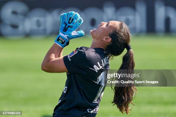 Aline Reis of UD Granadilla Tenerife reacts after saving a penalty during the Primera Division Feminina match between Atletico de Madrid and UD...