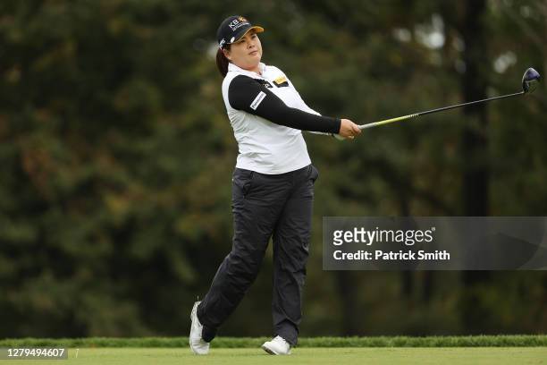 Inbee Park of Korea plays her shot from the third tee during the third round of the 2020 KPMG Women's PGA Championship at Aronimink Golf Club on...