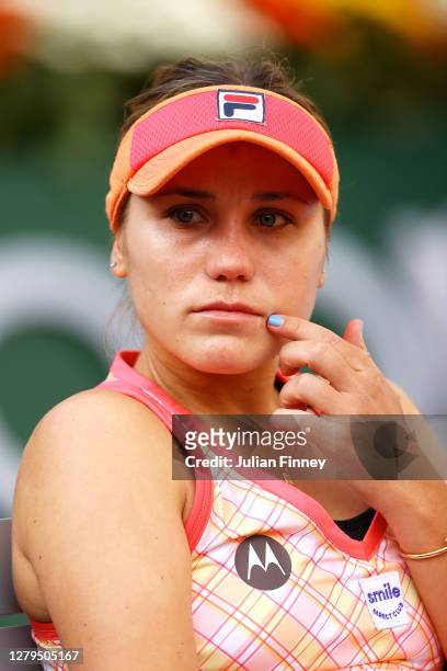 Sofia Kenin of The United States of America reacts as she sits down following defeat in the Women's Singles Final against Iga Swiatek of Poland on...