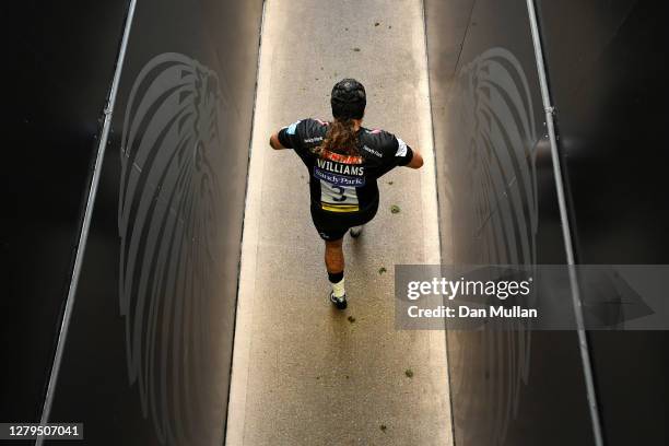 Harry Williams of Exeter Chiefs walks out to the pitch through the tunnel prior to the Gallagher Premiership Rugby first semi-final match between...