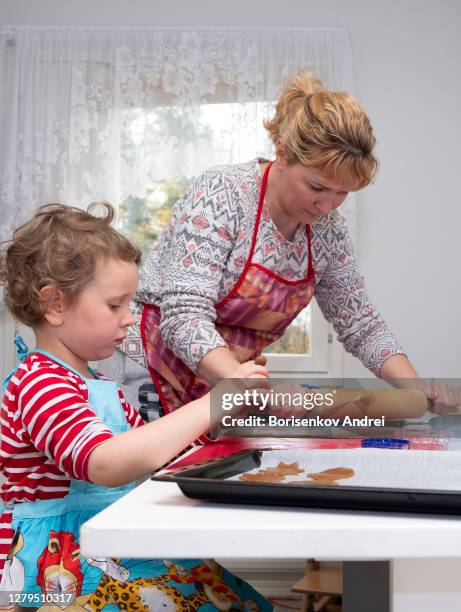 a girl and a woman, caucasians, bake gingerbread cookies in the kitchen. family concerns. - ginger snap stock pictures, royalty-free photos & images