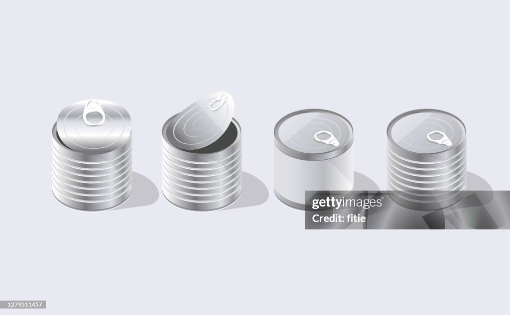Vector illustration of a set of tin cans. Isometric view