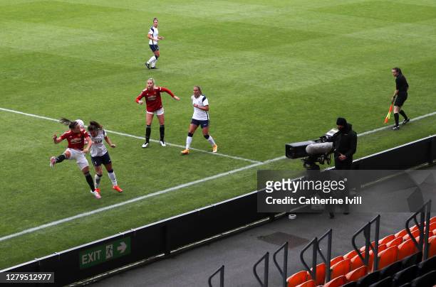 Television camera films the action during the Barclays FA Women's Super League match between Tottenham Hotspur Women and Manchester United Women at...
