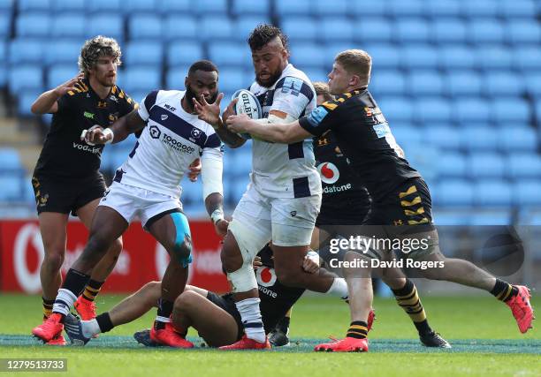 Nathan Hughes of Bristol Bears is tackled by Jack Willis during the Gallagher Premiership Rugby first semi-final match between Wasps and Bristol...