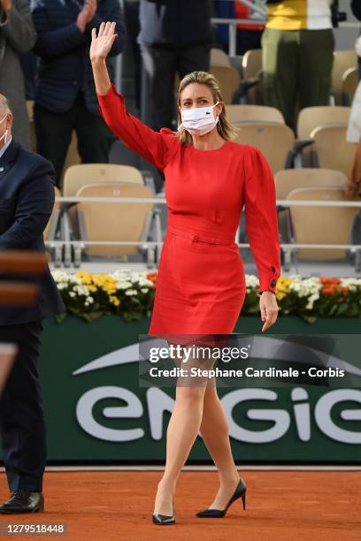 Mary Pierce arrives on the court following the Women's Singles Final on day fourteen of the 2020 French Open at Roland Garros on October 10, 2020 in...