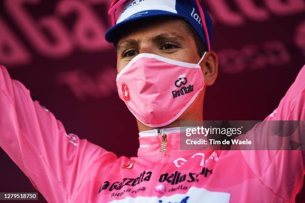 Podium / Joao Almeida of Portugal and Team Deceuninck - Quick-Step Pink Leader Jersey / Celebration / Mask / Covid Safety Measures / Detail view /...