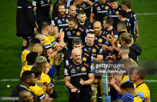Jack Yeandle of Exeter Chiefs leads his team from the pitch following victory in the Gallagher Premiership Rugby first semi-final match between...