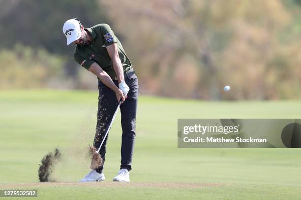 Adam Hadwin hits from the fairway on the 18th hole during round three of the Shriners Hospitals For Children Open at TPC Summerlin on October 10,...