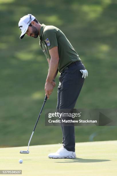 Adam Hadwin putts on the 18th hole during round three of the Shriners Hospitals For Children Open at TPC Summerlin on October 10, 2020 in Las Vegas,...