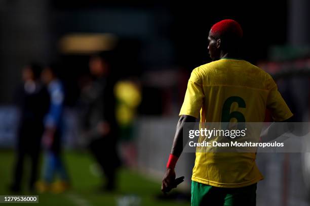 Ambroise Oyongo of Cameroon looks on during the international friendly match between Japan and Cameroon at Stadion Galgenwaard on October 09, 2020 in...