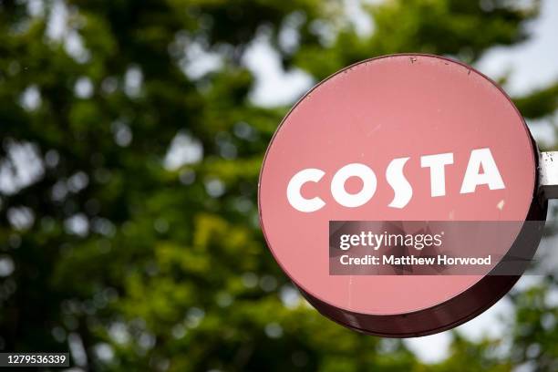 Close-up of a Costa Coffee sign on June 21, 2020 in Cardiff, Wales. Many UK businesses are announcing job losses due to the effects of the...