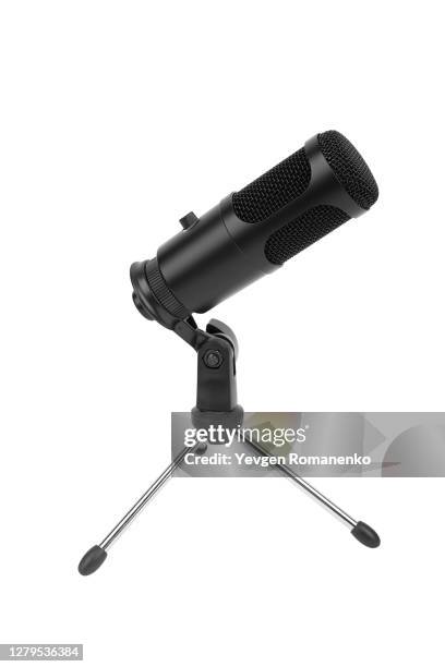 black microphone on a stand isolated on white background - microphone desk fotografías e imágenes de stock