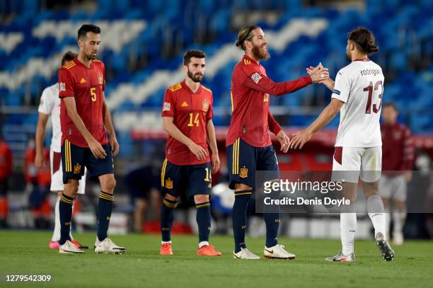 Sergio Ramos of Spain celebrates as Spain win the UEFA Nations League group stage match between Spain and Switzerland at Estadio Alfredo Di Stefano...