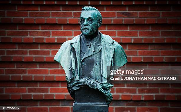 Picture taken on October 3, 2011 shows the statue of Alfred Nobel at the Karolinska Institute in Stockholm. The 2011 Nobel Prize for Medicine is...