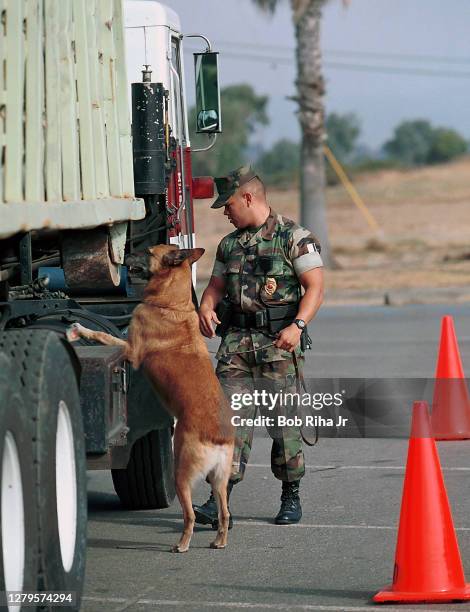Military Police and K9 officers check identification and search vehicles entering Camp Pendleton military base, September 12, 2001 in Oceanside,...