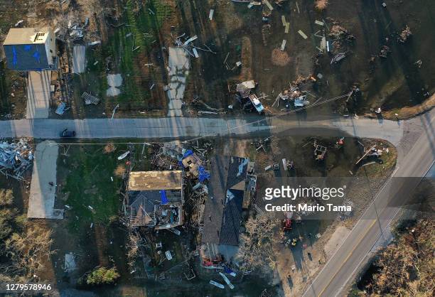 An aerial view of flood waters from Hurricane Delta near structures damaged by Hurricane Laura on October 10, 2020 in Cameron, Louisiana. Hurricane...