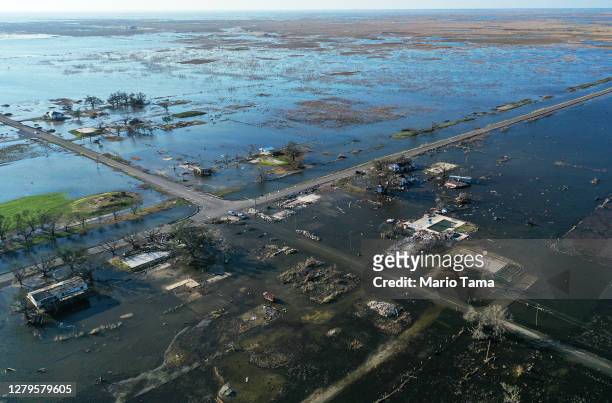 An aerial view of flood waters from Hurricane Delta surrounding structures destroyed by Hurricane Laura on October 10, 2020 in Creole, Louisiana....