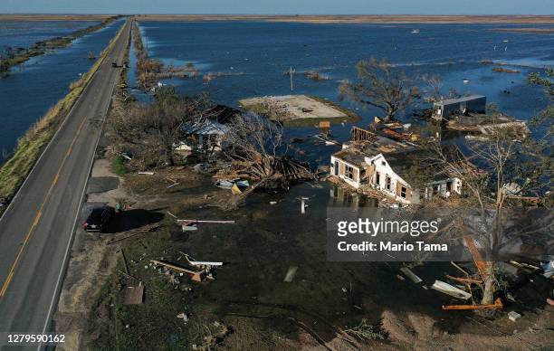 An aerial view of flood waters from Hurricane Delta surrounding structures destroyed by Hurricane Laura on October 10, 2020 in Creole, Louisiana....