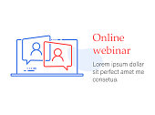 Webinar online course, distant education, video lecture, internet group conference, training test, work from home, easy communication, vector line icon