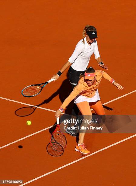 Timea Babos of Hungary and Kristina Mladenovic of France play during their Women's Doubles Final against Desirae Krawczyk of The United States of...