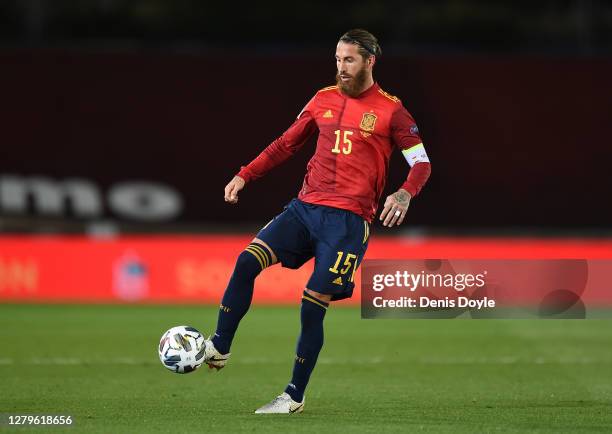 Sergio Ramos of Spain controls the ball during the UEFA Nations League group stage match between Spain and Switzerland at Estadio Alfredo Di Stefano...