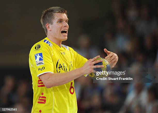 Morten Slundt of Hildesheim in action during the Toyota Handball Bundesliga match between TuS N-Luebbecke and Eintracht Hildesheim on October 1, 2011...