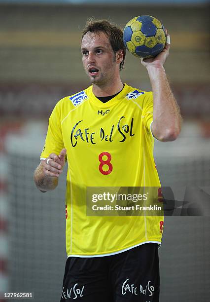 Bostjan Hribar of Hildesheim in action during the Toyota Handball Bundesliga match between TuS N-Luebbecke and Eintracht Hildesheim on October 1,...