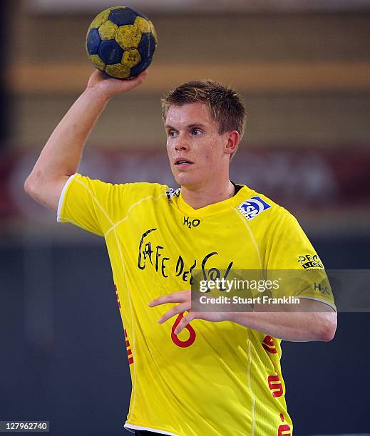 Morten Slundt of Hildesheim in action during the Toyota Handball Bundesliga match between TuS N-Luebbecke and Eintracht Hildesheim on October 1, 2011...