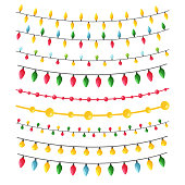 A set of different garlands in a flat style for decorating Christmas cards, invitations, leaflets, banners. Color vector illustration in flat style, isolated on a white background