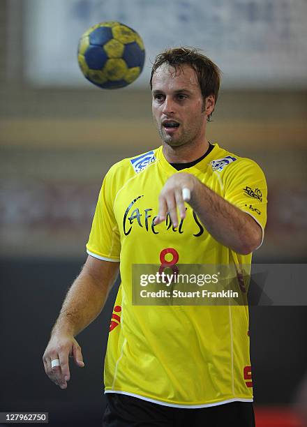 Bostjan Hribar of Hildesheim in action during the Toyota Handball Bundesliga match between TuS N-Luebbecke and Eintracht Hildesheim on October 1,...