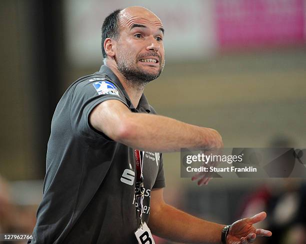 Volker Mudrow, head coach of Hildesheim gestures during the Toyota Handball Bundesliga match between TuS N-Luebbecke and Eintracht Hildesheim on...
