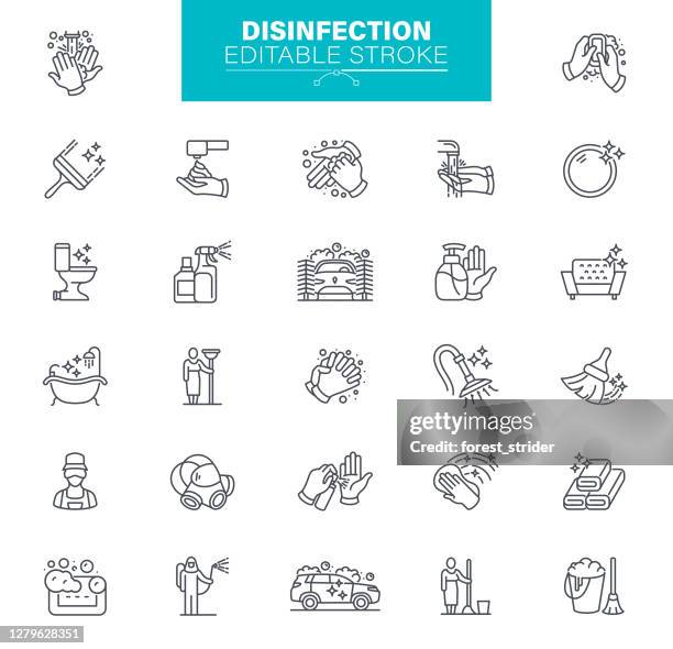 cleaning icons editable stroke. the set contains icons as disinfection, protective equipment, washing - aerosol can stock illustrations