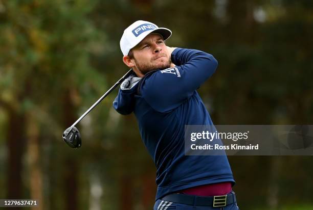 Tyrrell Hatton of England tees off on the 8th hole during Day Four of the BMW PGA Championship at Wentworth Golf Club on October 11, 2020 in Virginia...