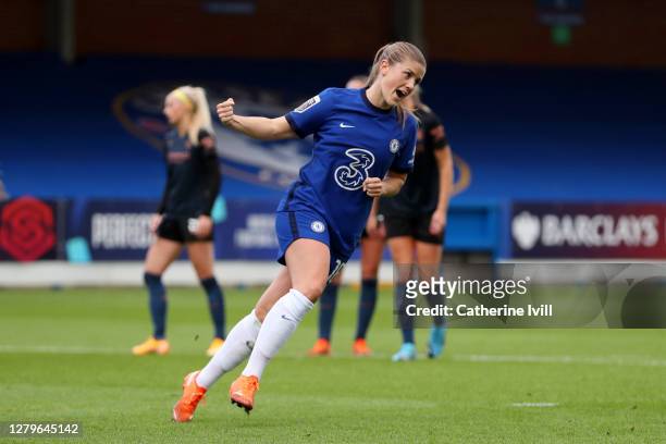Maren Mjelde of Chelsea celebrates after she scores her sides first goal from the penalty spot during the Barclays FA Women's Super League match...