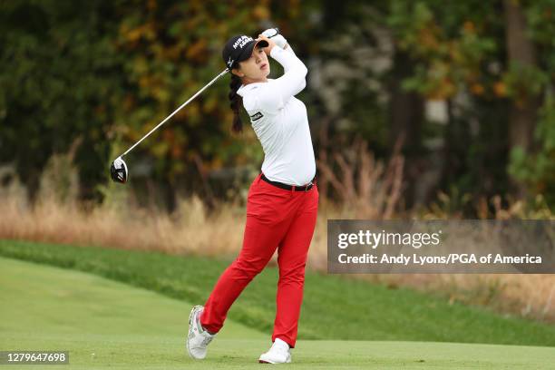 Sei Young Kim of Korea plays her shot from the fourth tee during the final round of the 2020 KPMG Women's PGA Championship at Aronimink Golf Club on...