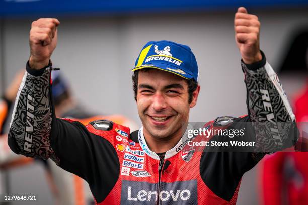 Danilo Petrucci of Italy and Ducati Team celebrates during parc ferme after his race win during the MotoGP of France at Bugatti Circuit on October...