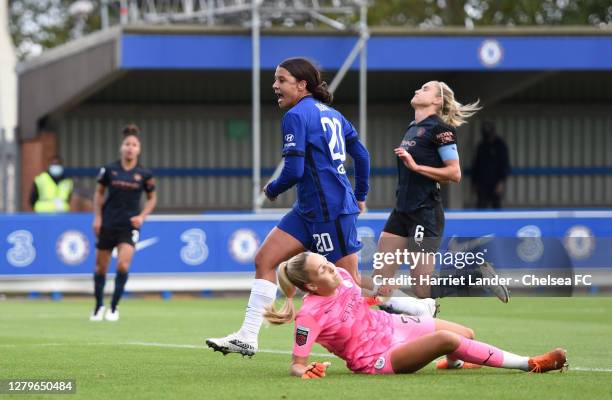 Sam Kerr of Chelsea celebrates after scoring her team's second goal during the Barclays FA Women's Super League match between Chelsea Women and...