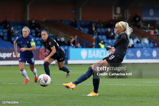 Chloe Kelly of Manchester City scores her sides first goal from the penalty spot during the Barclays FA Women's Super League match between Chelsea...