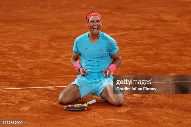 Rafael Nadal of Spain celebrates after winning championship point during his Men's Singles Final against Novak Djokovic of Serbia on day fifteen of...