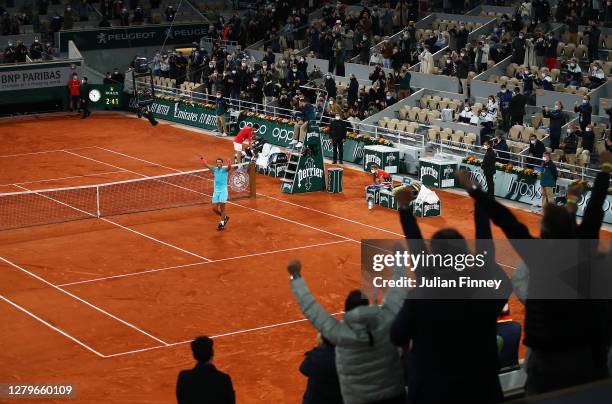 General view inside Court Philippe-Chatrier as Rafael Nadal of Spain celebrates after winning championship point during his Men's Singles Final...