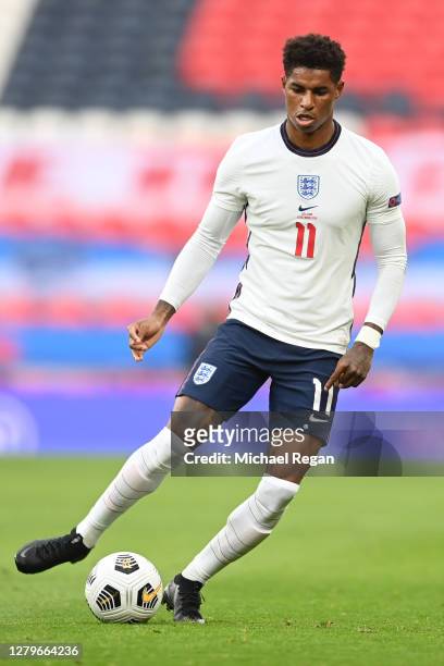 Marcus Rashford of England in action during the UEFA Nations League group stage match between England and Belgium at Wembley Stadium on October 11,...