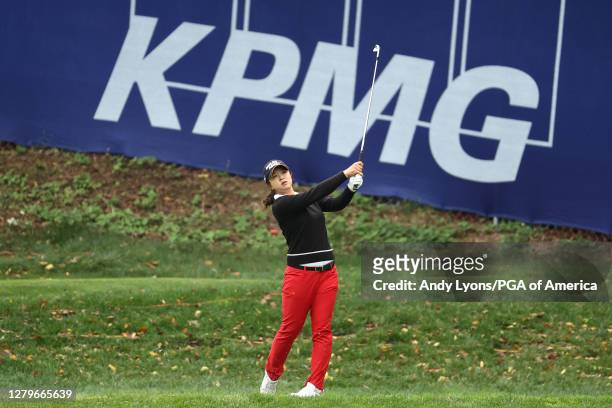 Sei Young Kim of Korea plays her shot from the 14th tee during the final round of the 2020 KPMG Women's PGA Championship at Aronimink Golf Club on...