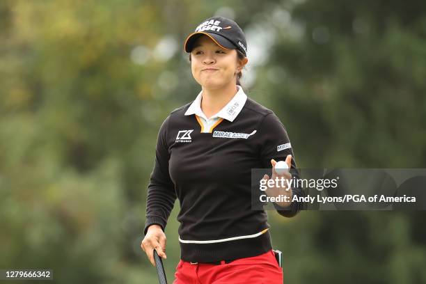 Sei Young Kim of Korea reacts after a birdie on the 14th green during the final round of the 2020 KPMG Women's PGA Championship at Aronimink Golf...