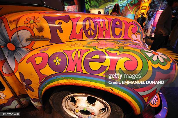 Detail view of paintings adorning a Hippies "Magic Bus" on display as part of "The Story of the Sixties and Woodstock" at the Museum at Bethel Woods...