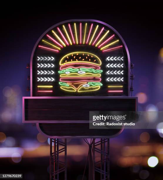Rooftop sign with neon burger and plate for text
