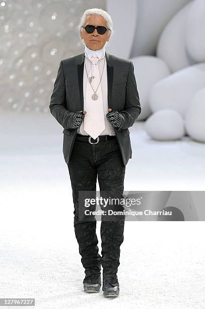 Karl Lagerfeld walks the runway during the Chanel Ready to Wear Spring / Summer 2012 show during Paris Fashion Week at Grand Palais on October 4,...