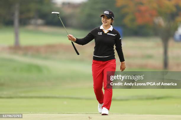 Sei Young Kim of Korea reacts as she approaches the 18th green during the final round of the 2020 KPMG Women's PGA Championship at Aronimink Golf...